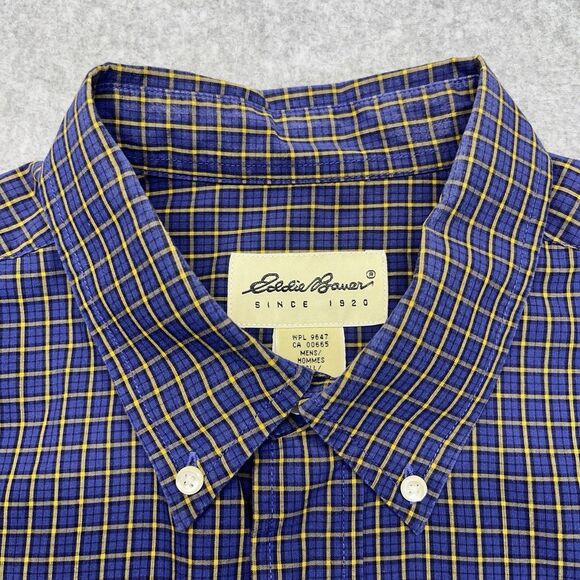 Eddie Bauer Button-Down Shirt Men’s Large Blue Yellow Windowpane Plaid LS - Picture 6 of 13